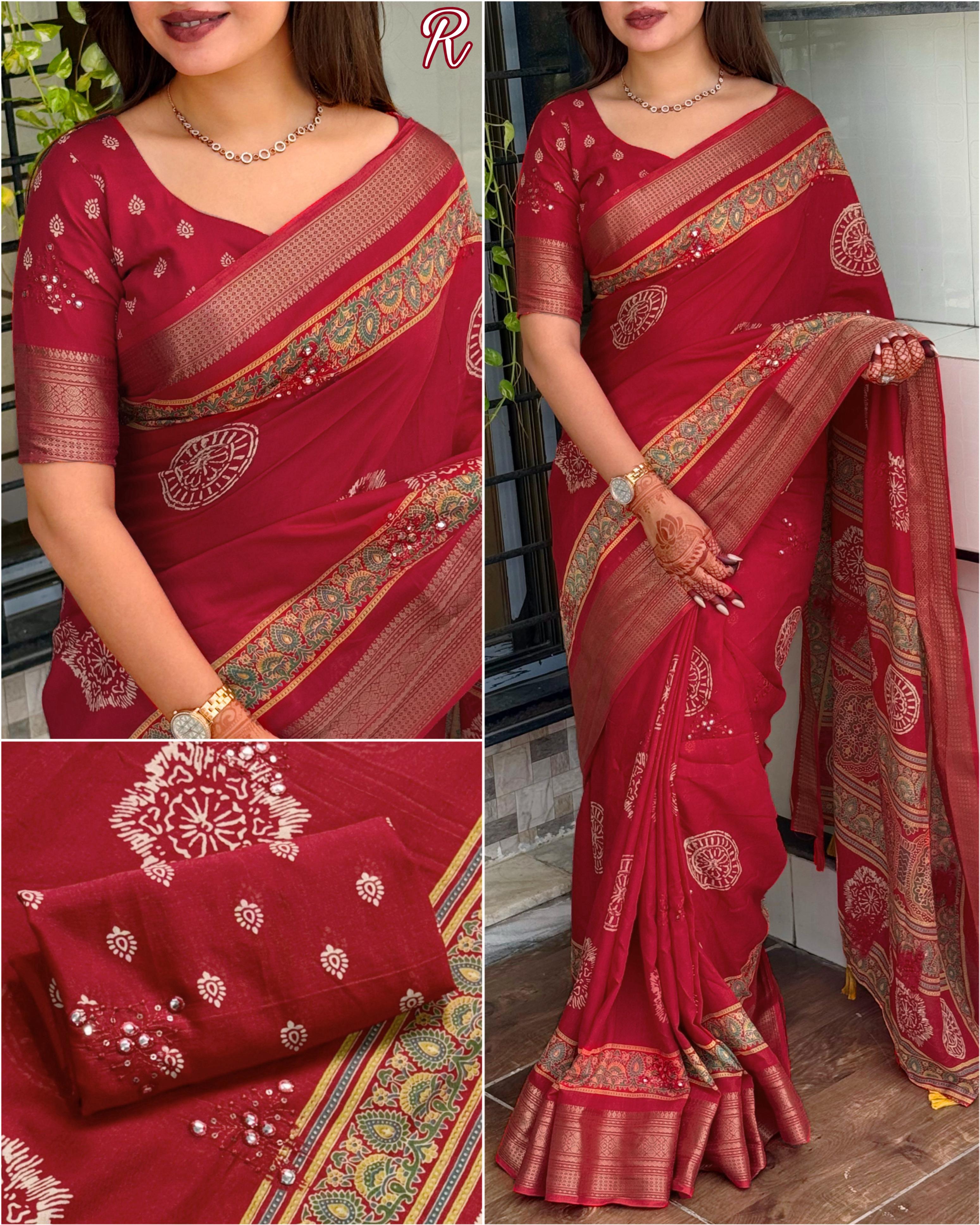 Red Pure Mal Cotton Ajrakh Print Saree