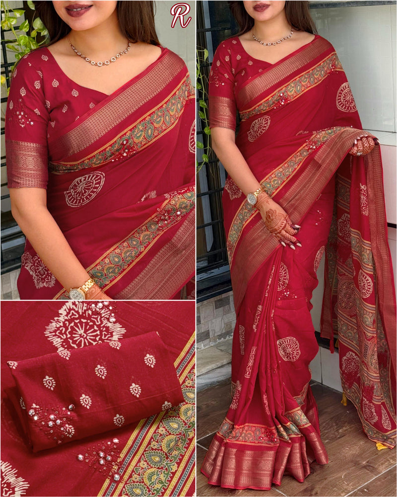Red Pure Mal Cotton Ajrakh Print Saree