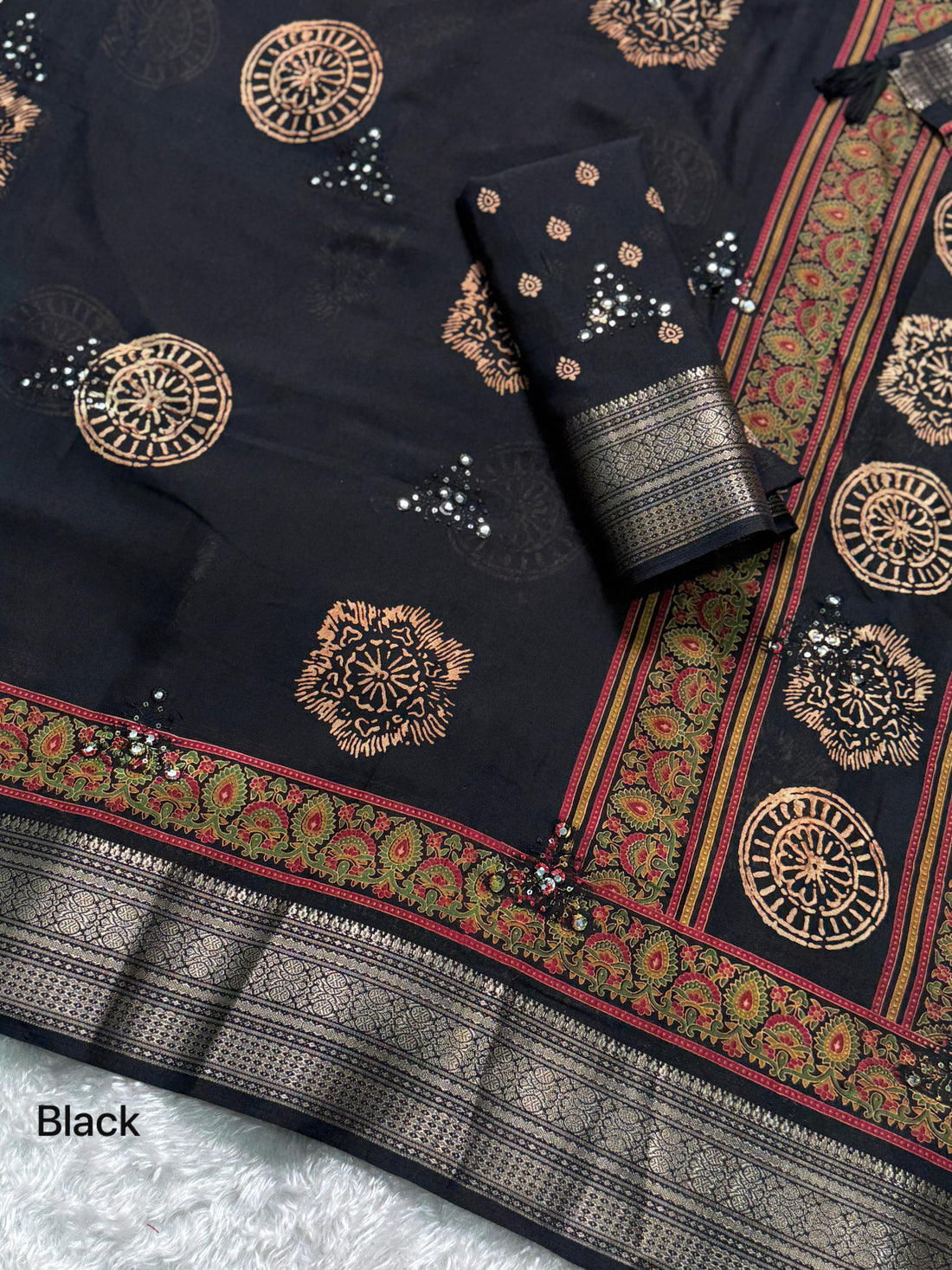 Black Pure Mal Cotton Ajrakh Print Saree