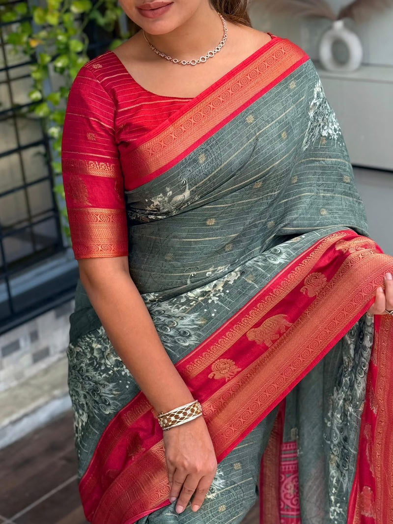 Grey Pure Soft Tussar Cotton Silk Saree