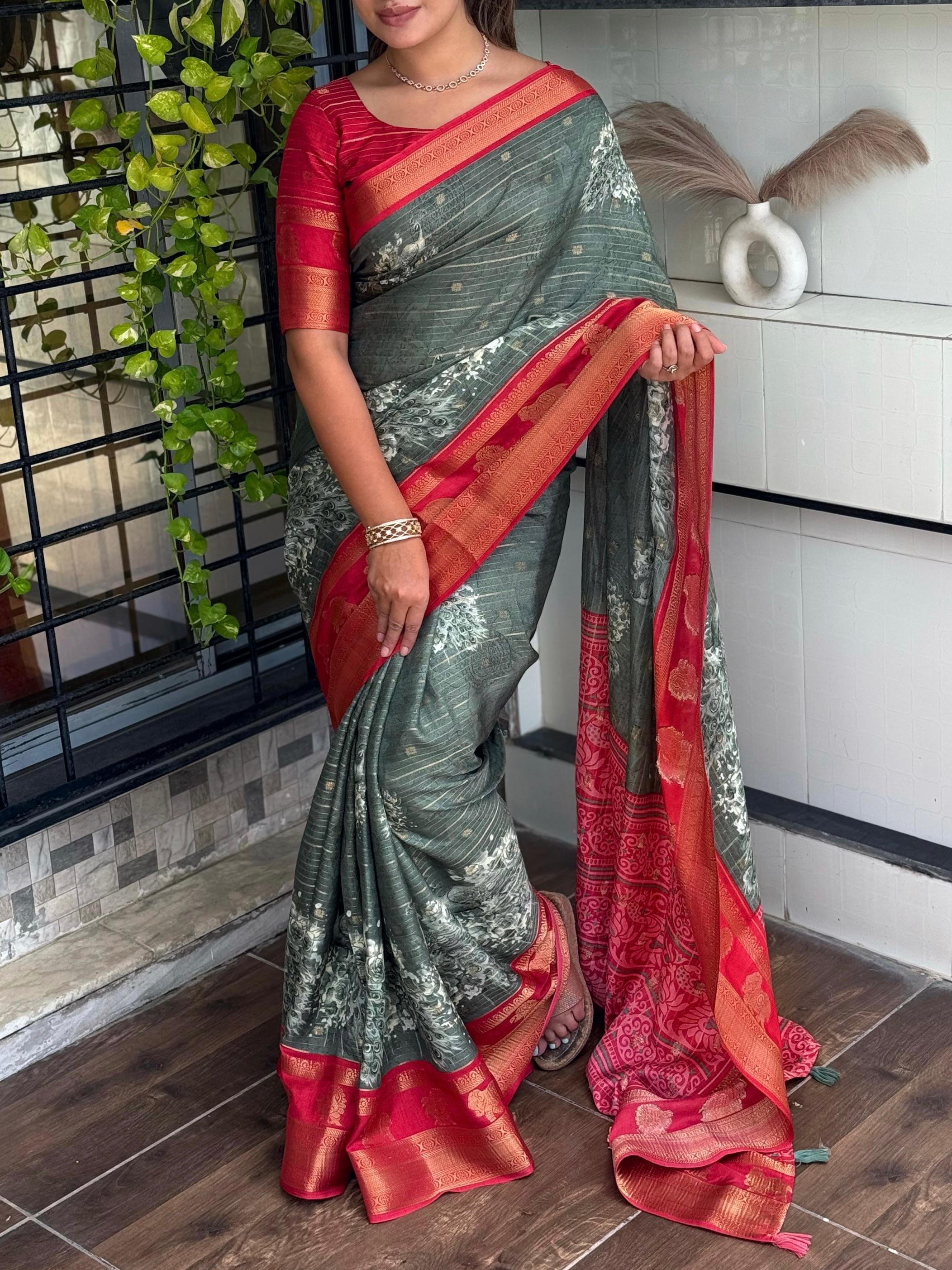 Grey Pure Soft Tussar Cotton Silk Saree
