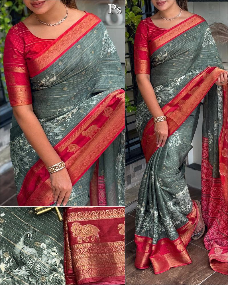 Grey Pure Soft Tussar Cotton Silk Saree