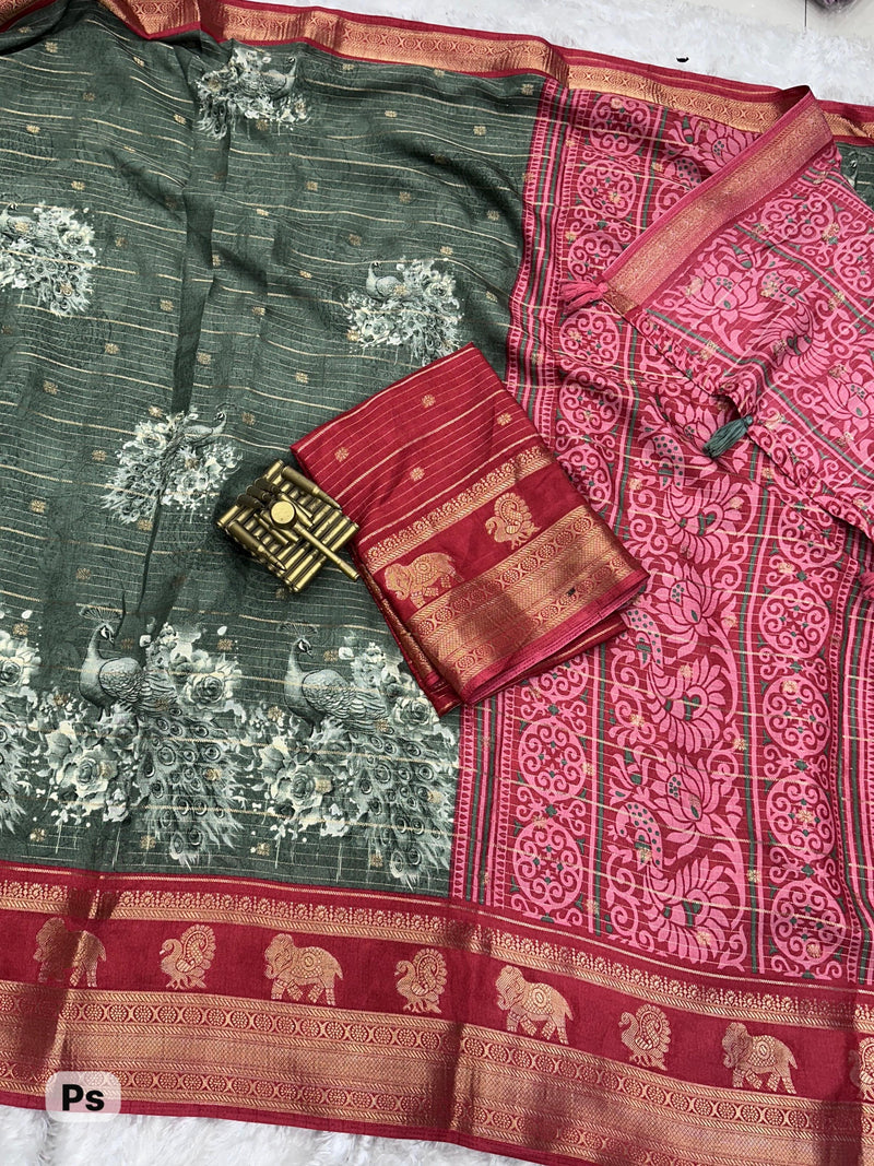 Grey Pure Soft Tussar Cotton Silk Saree