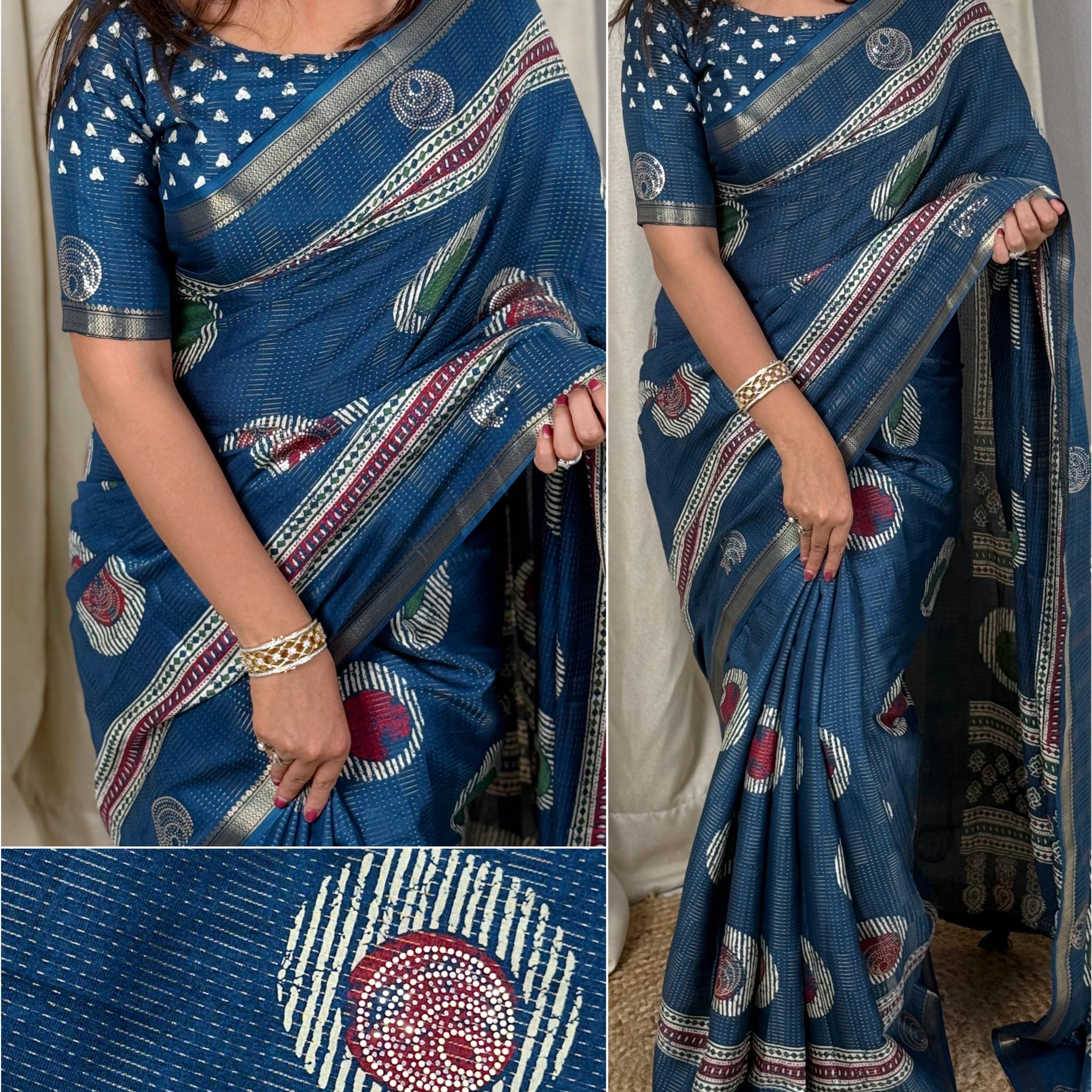 Blue Pure Soft Cotton Zari Saree