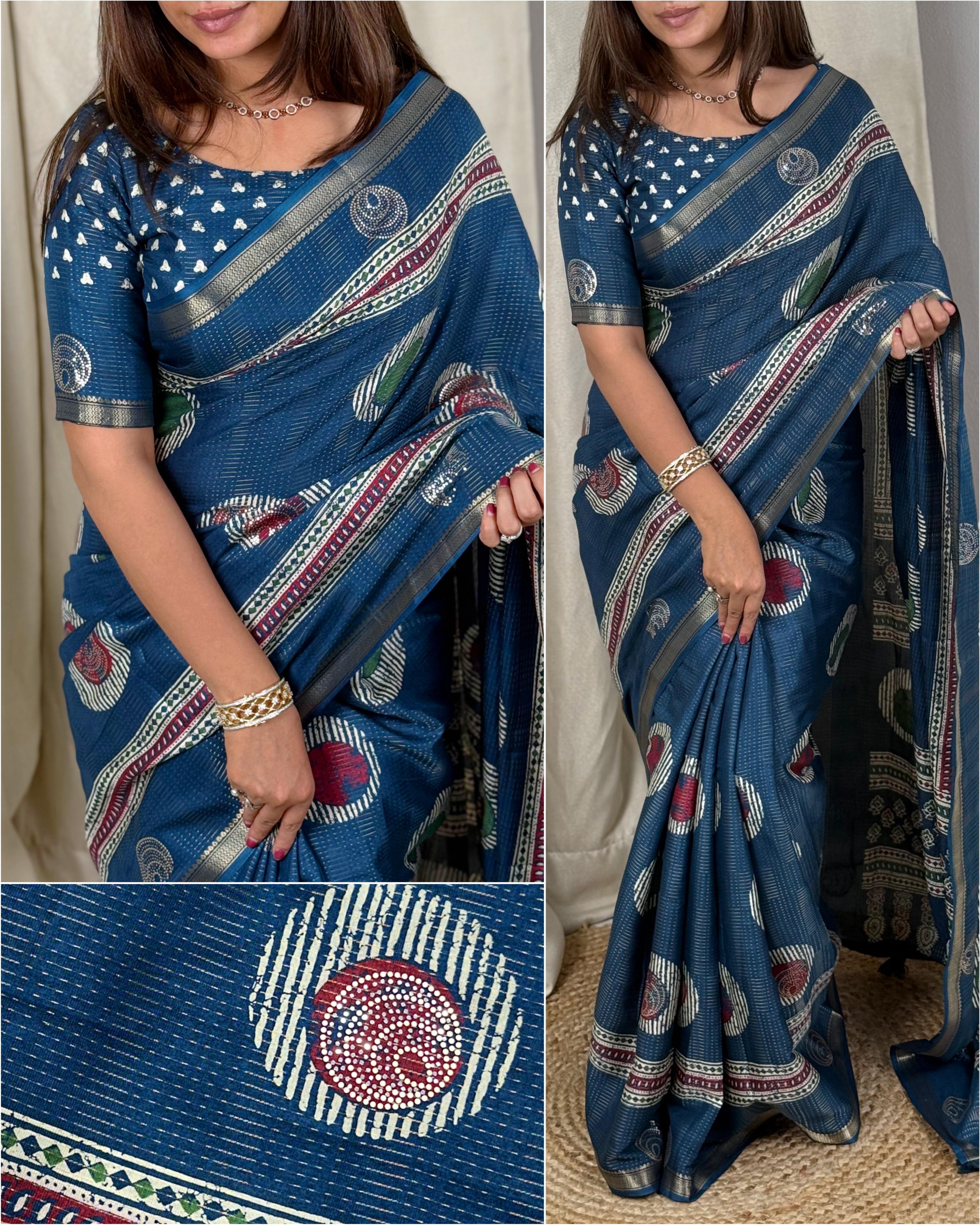 Blue Pure Soft Cotton Zari Saree