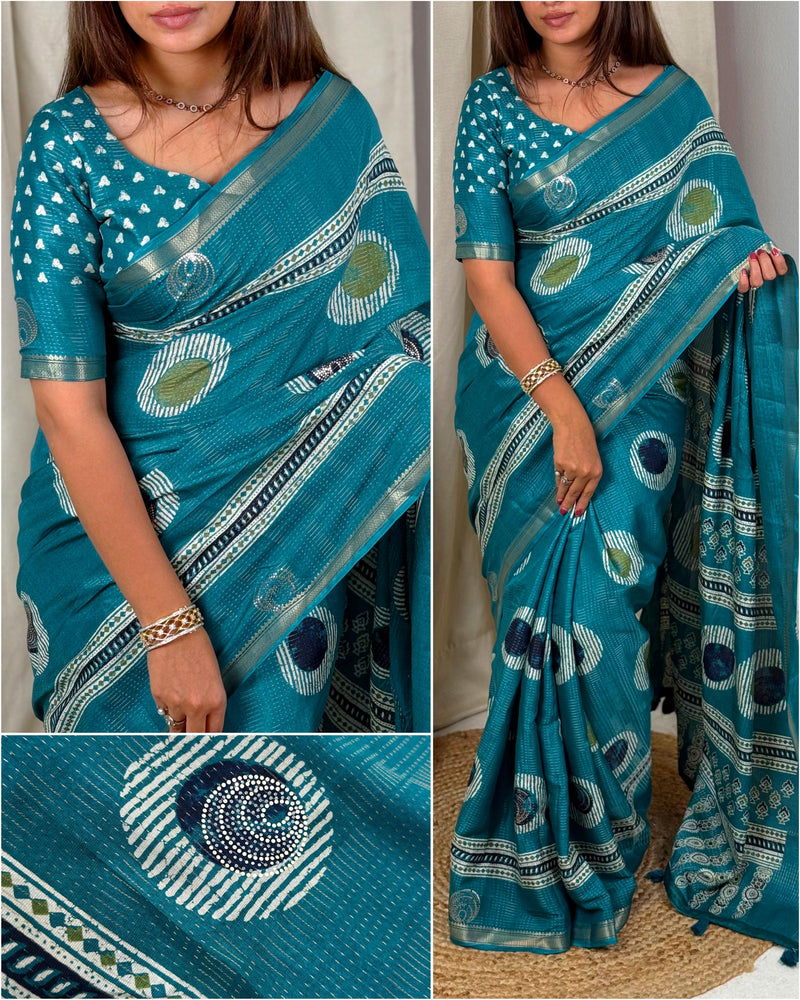 Rama Pure Soft Cotton Zari Saree