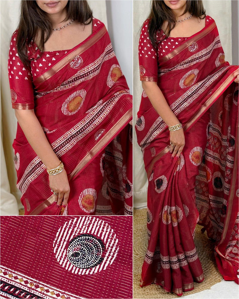 Maroon Pure Soft Cotton Zari Saree