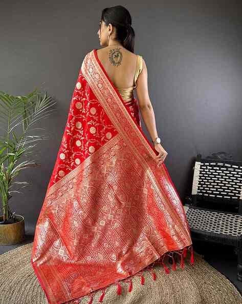 Red Pure Banarasi Mushro Satin Silk Saree Banarasi Saree Anant Tex Exports Pvt.Ltd..