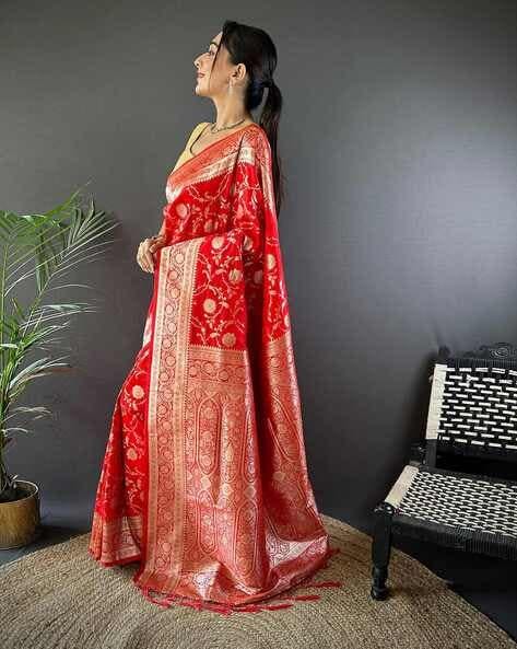 Red Pure Banarasi Mushro Satin Silk Saree Banarasi Saree Anant Tex Exports Pvt.Ltd..