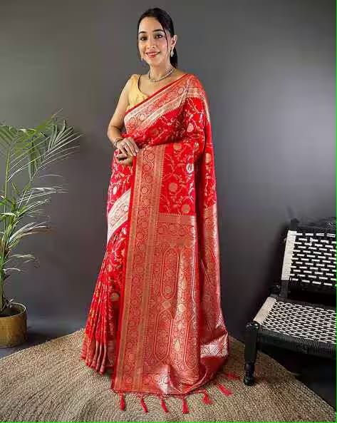 Red Pure Banarasi Mushro Satin Silk Saree Banarasi Saree Anant Tex Exports Pvt.Ltd..