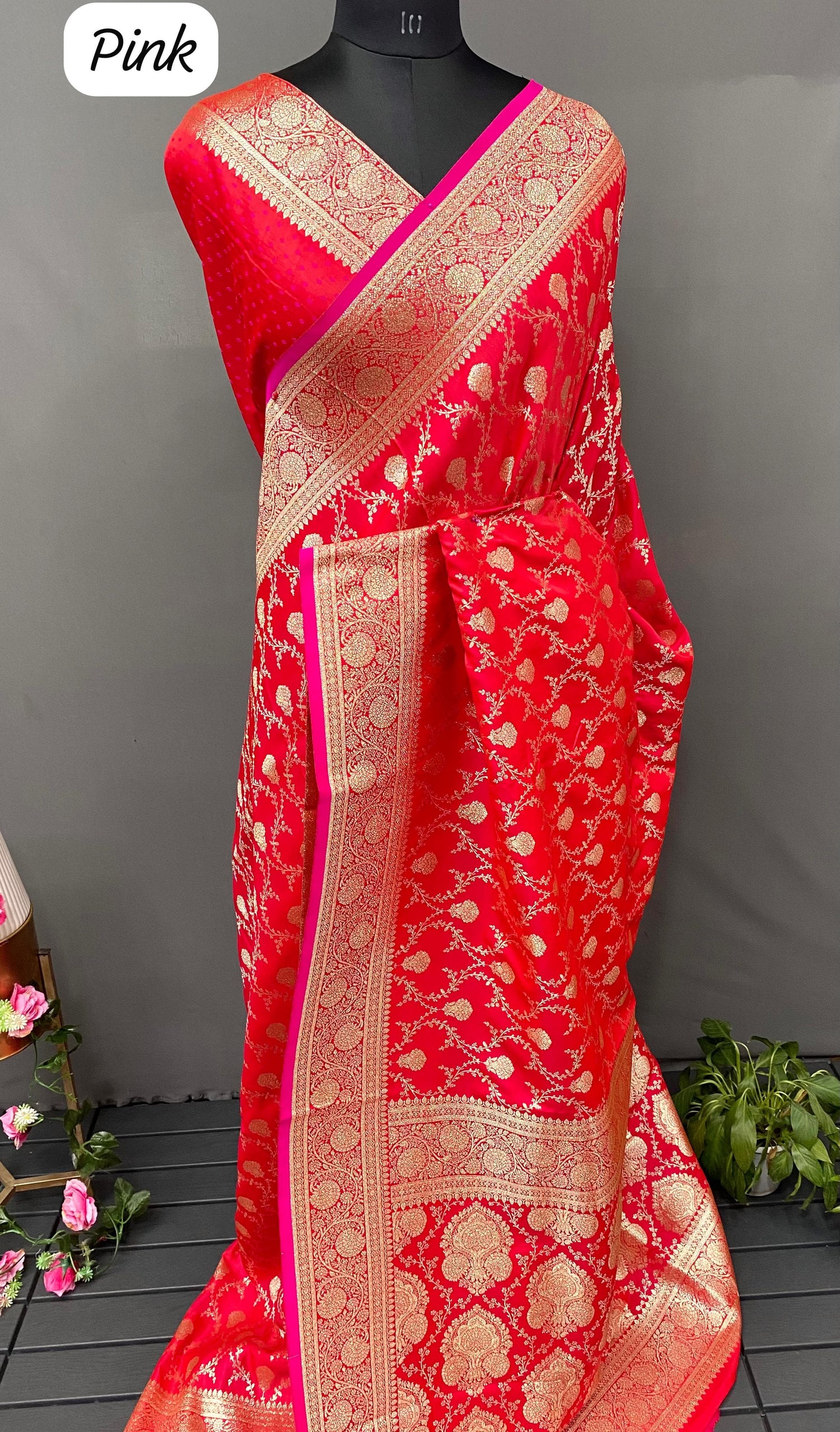 Pink Pure Banarasi Mushro Satin Silk Saree Banarasi Saree Anant Tex Exports Pvt.Ltd..