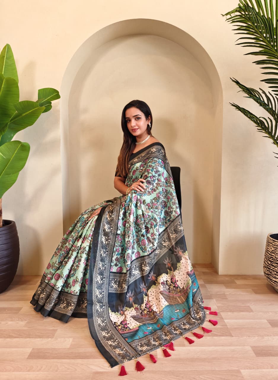 Green Pure Cotton Kalamkari Digital Print Saree