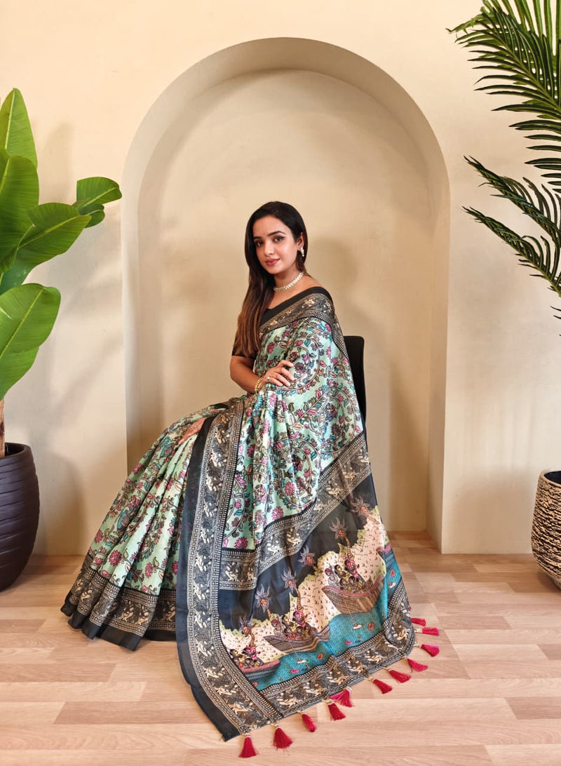 Green Pure Cotton Kalamkari Digital Print Saree