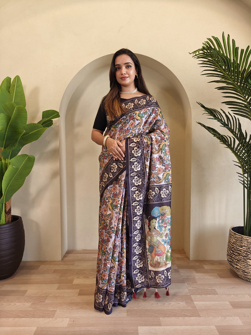 Lavender Pure Cotton Kalamkari Digital Print Saree