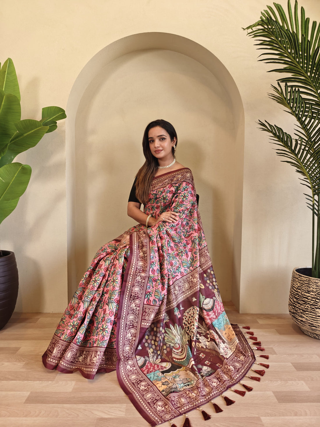 Pink Pure Cotton Kalamkari Digital Print Saree
