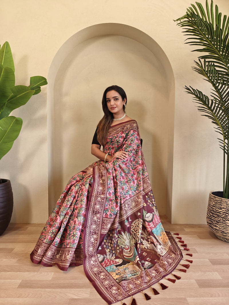 Pink Pure Cotton Kalamkari Digital Print Saree