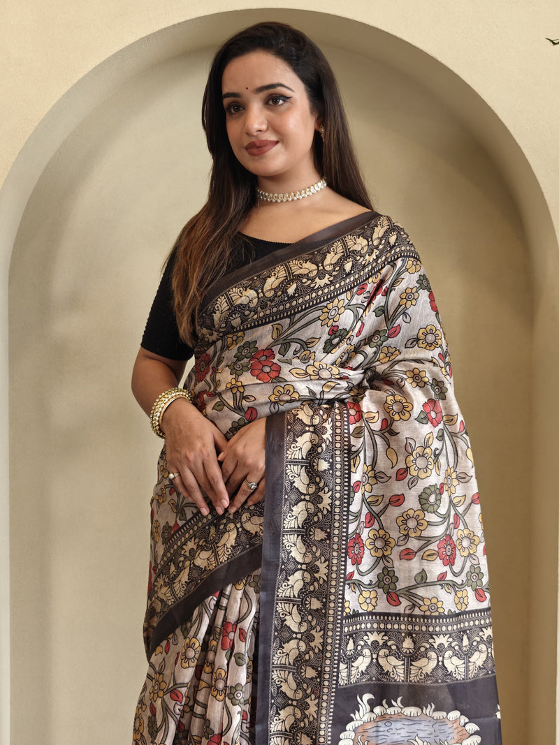 Off White Pure Cotton Kalamkari Digital Print Saree