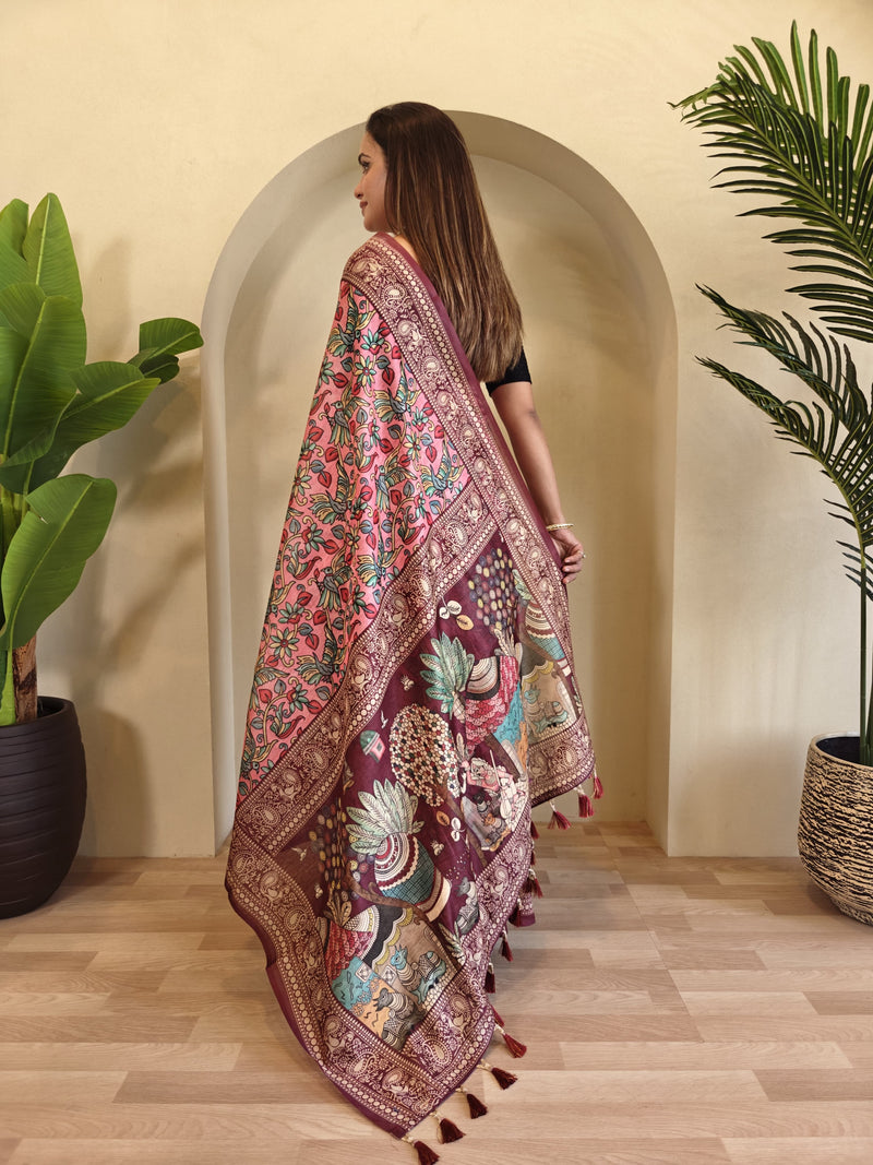 Pink Pure Cotton Kalamkari Digital Print Saree