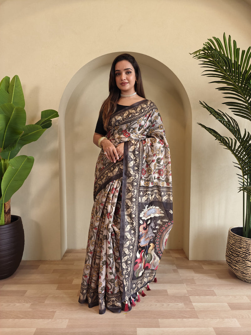 Off White Pure Cotton Kalamkari Digital Print Saree