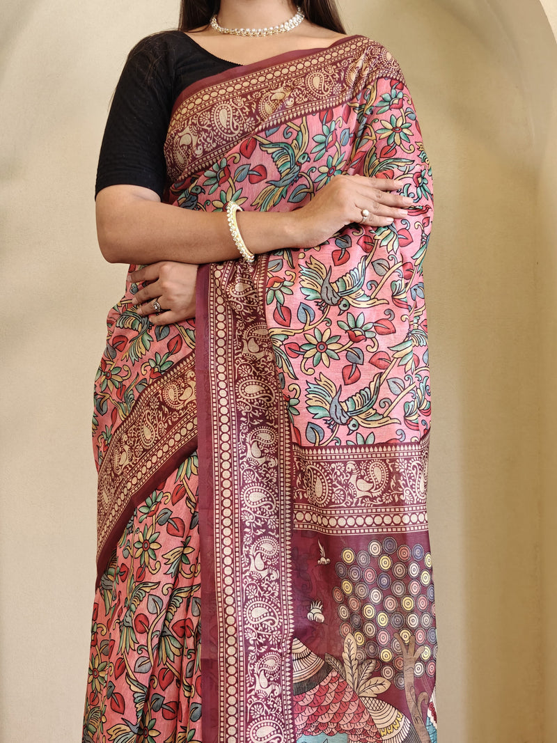 Pink Pure Cotton Kalamkari Digital Print Saree