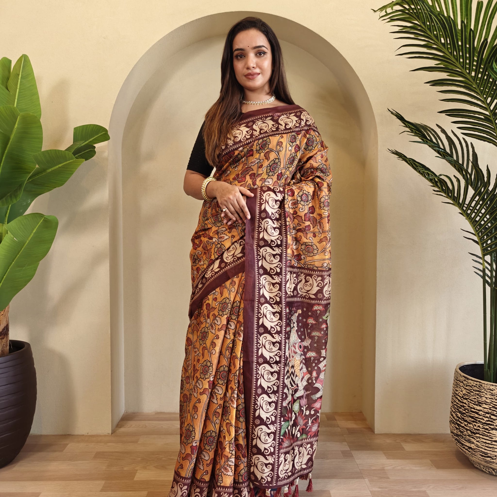 Yellow Pure Cotton Kalamkari Digital Print Saree