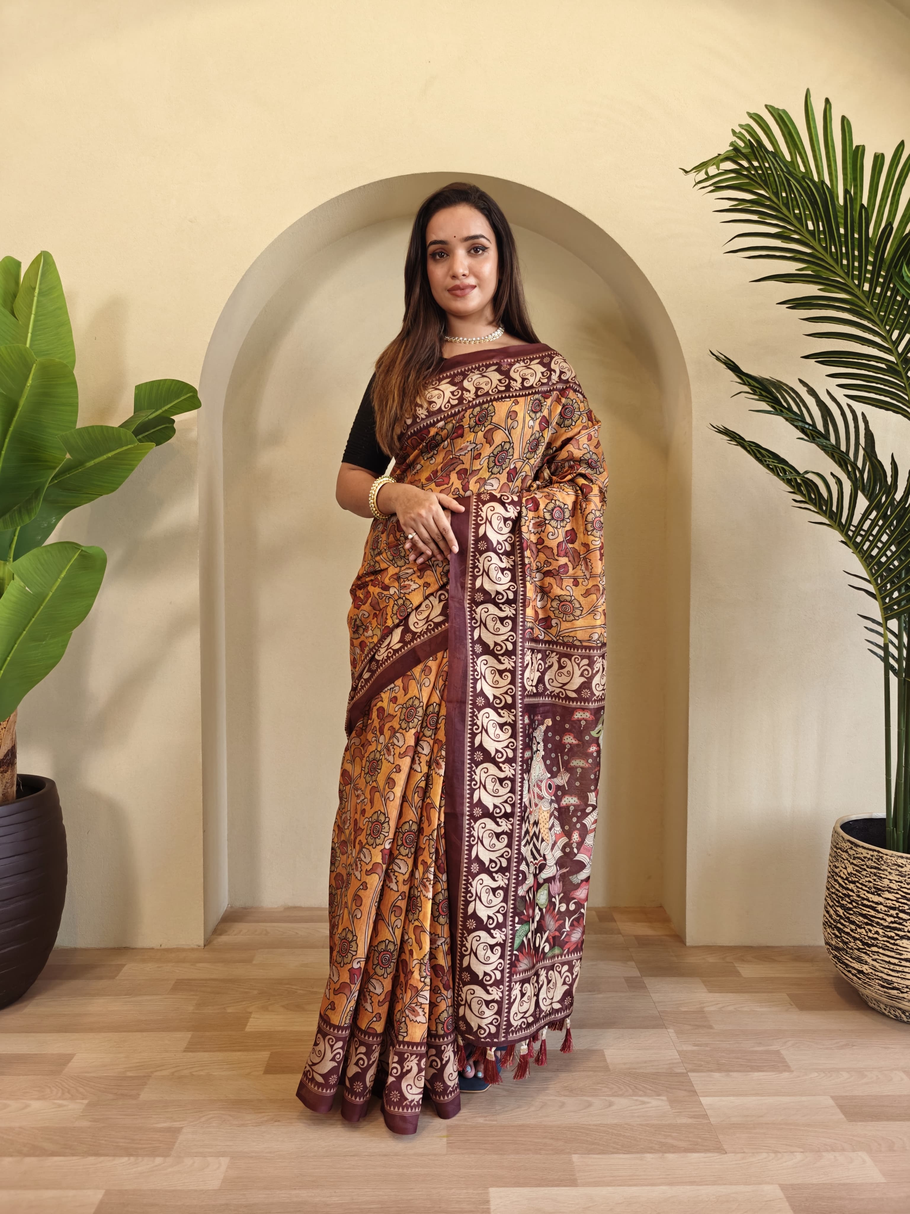 Yellow Pure Cotton Kalamkari Digital Print Saree