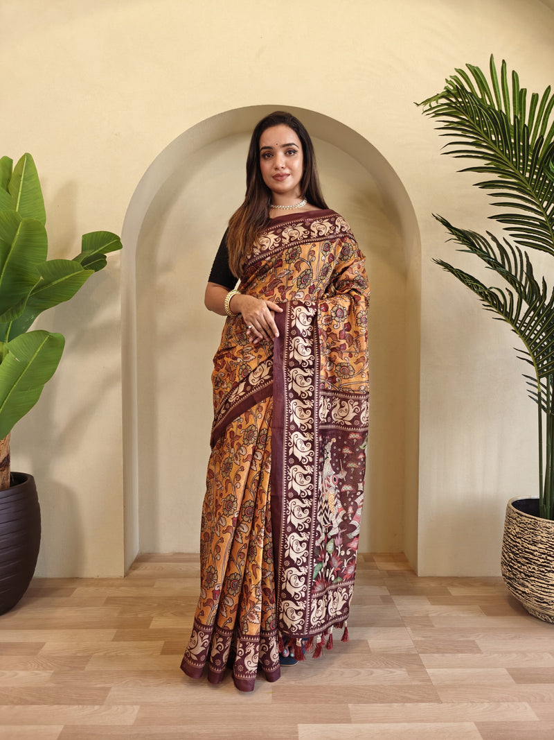 Yellow Pure Cotton Kalamkari Digital Print Saree