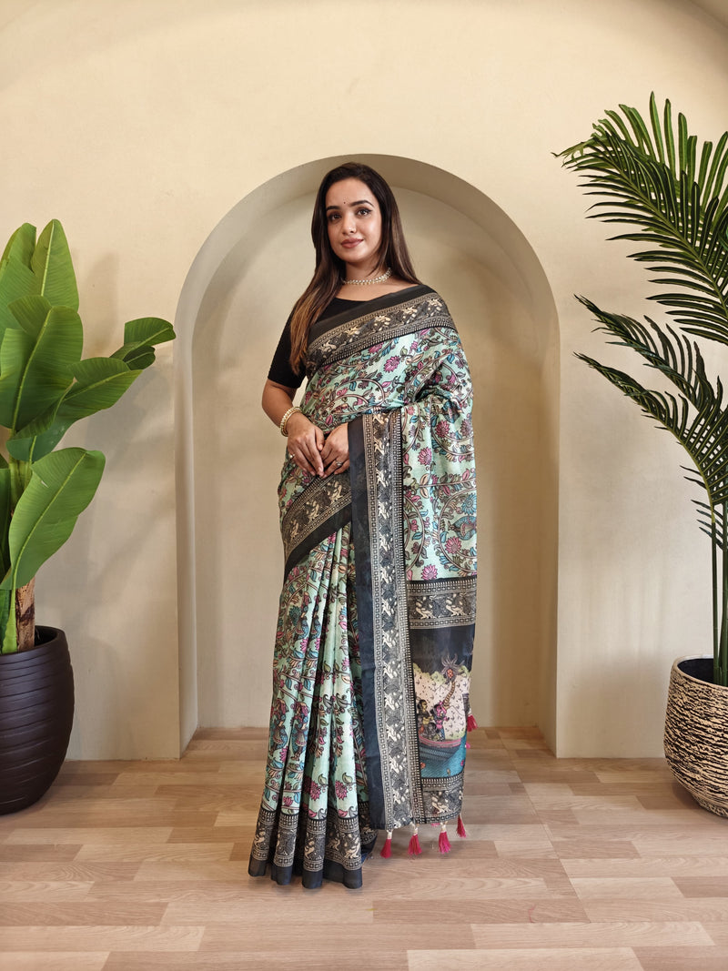 Green Pure Cotton Kalamkari Digital Print Saree