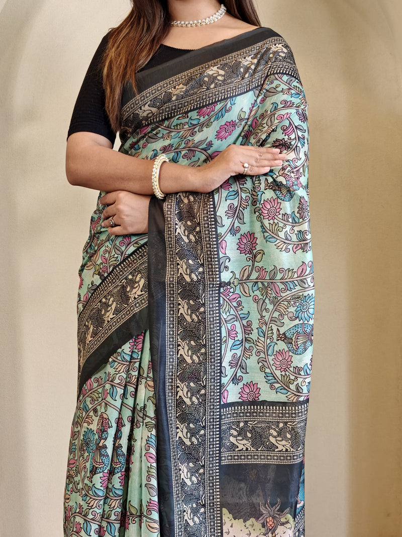 Green Pure Cotton Kalamkari Digital Print Saree