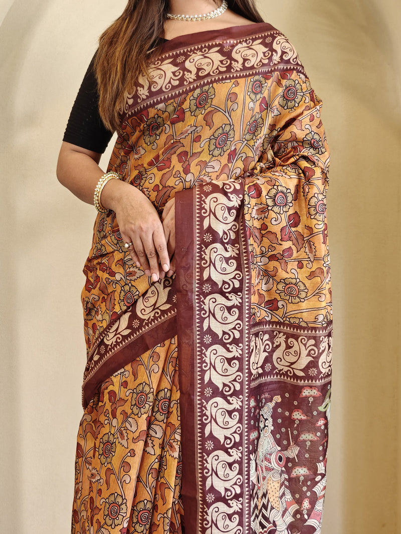Yellow Pure Cotton Kalamkari Digital Print Saree