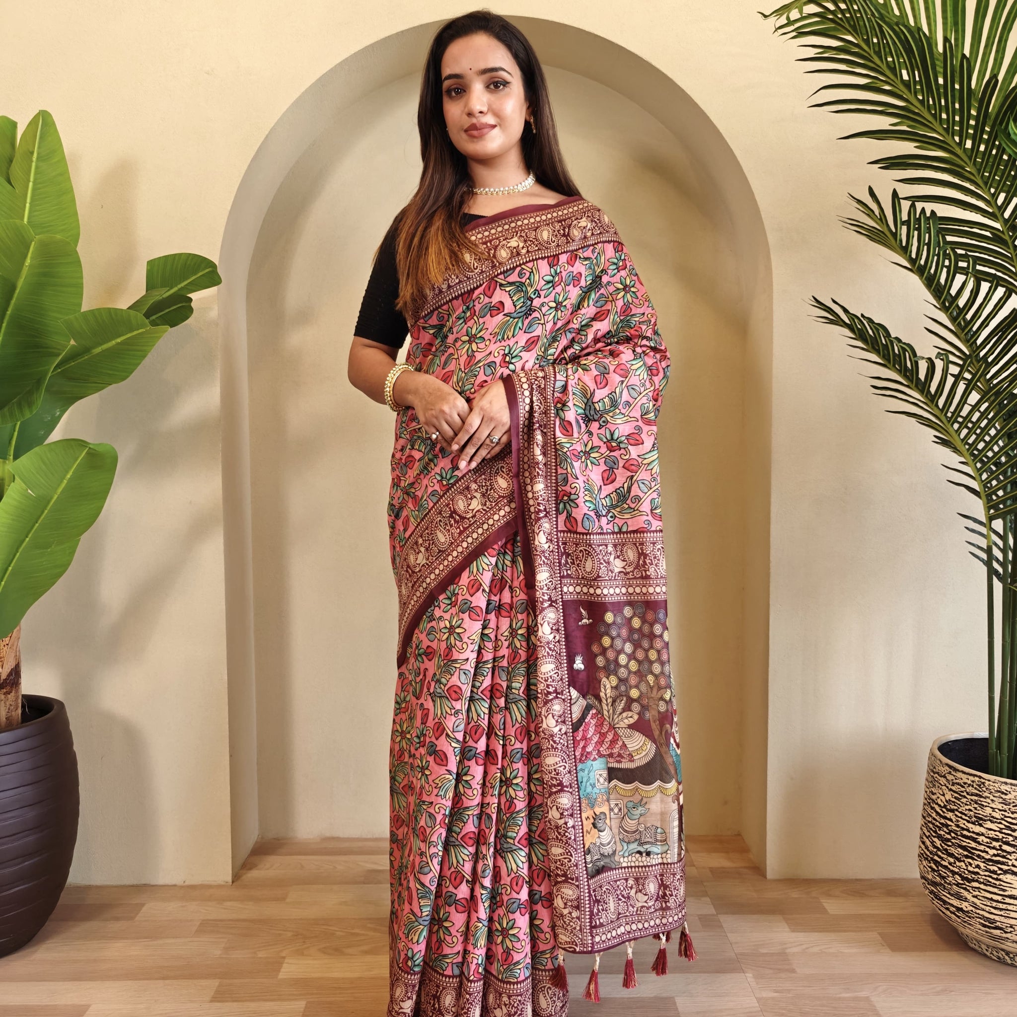 Pink Pure Cotton Kalamkari Digital Print Saree