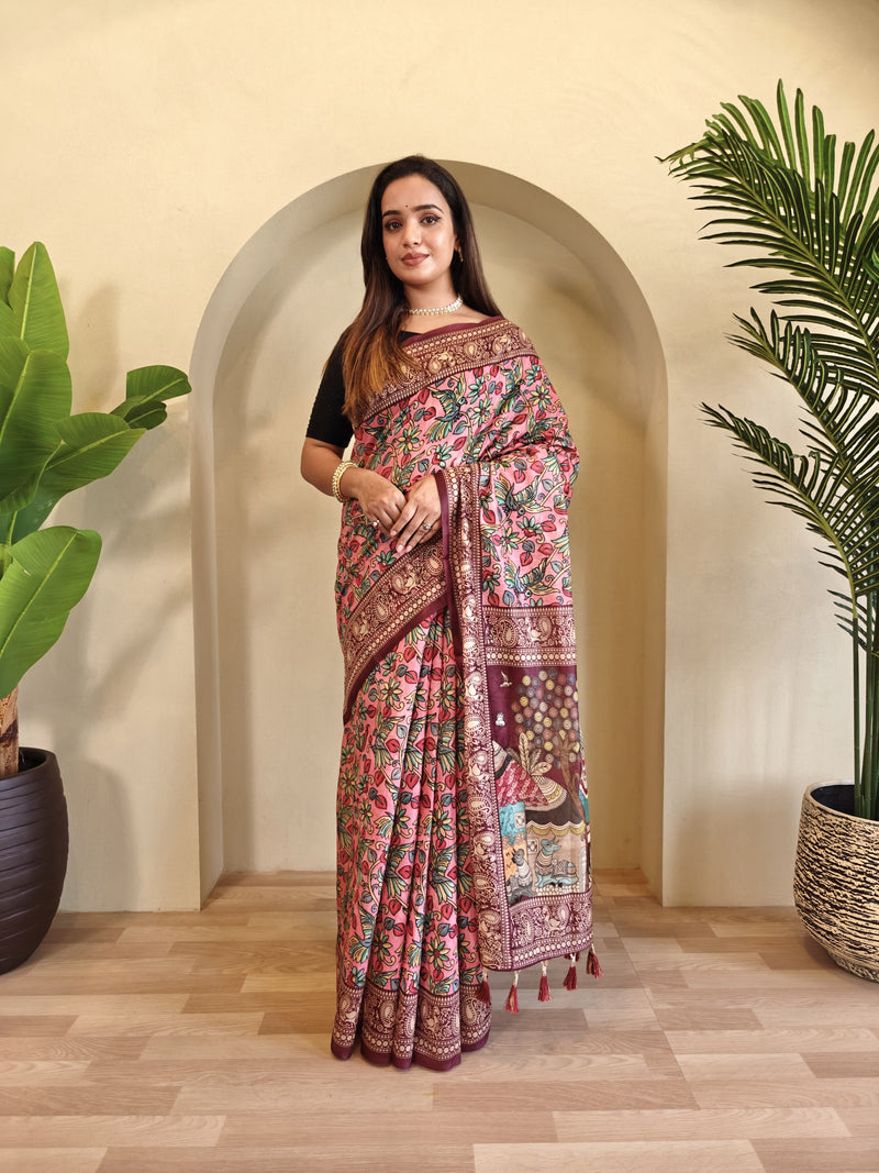 Pink Pure Cotton Kalamkari Digital Print Saree