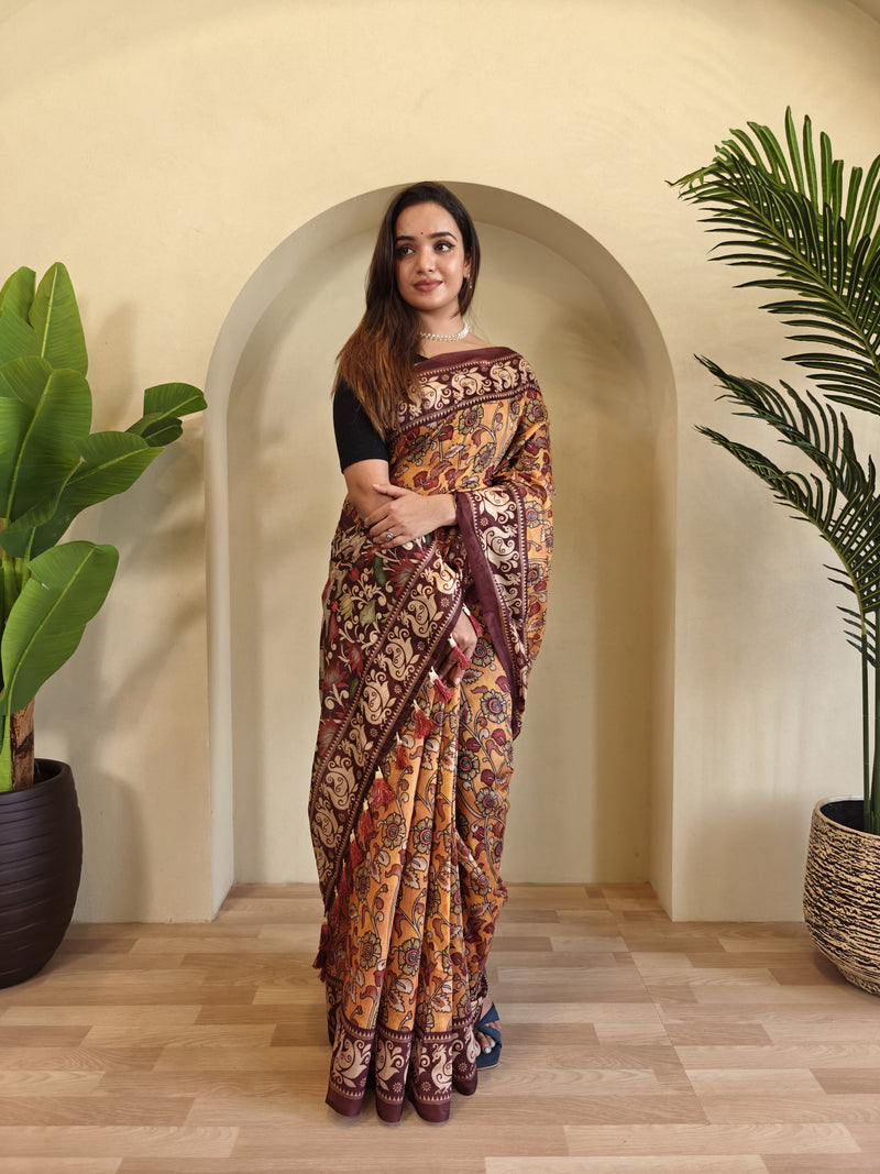 Yellow Pure Cotton Kalamkari Digital Print Saree