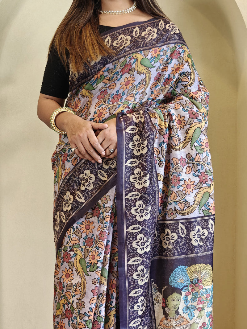Lavender Pure Cotton Kalamkari Digital Print Saree