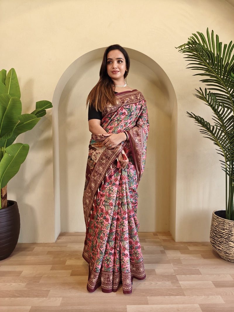Pink Pure Cotton Kalamkari Digital Print Saree