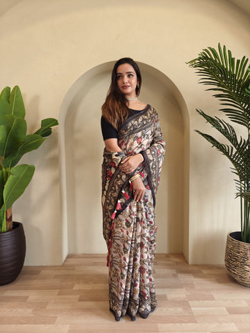 Off White Pure Cotton Kalamkari Digital Print Saree