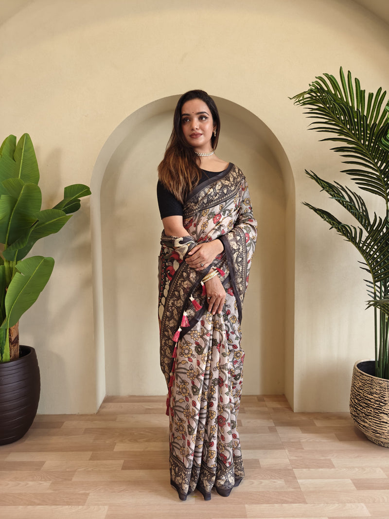 Off White Pure Cotton Kalamkari Digital Print Saree