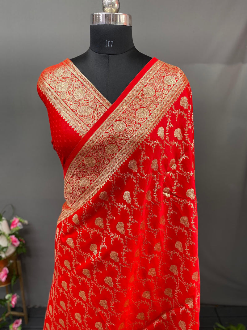 Red Pure Banarasi Mushro Satin Silk Saree