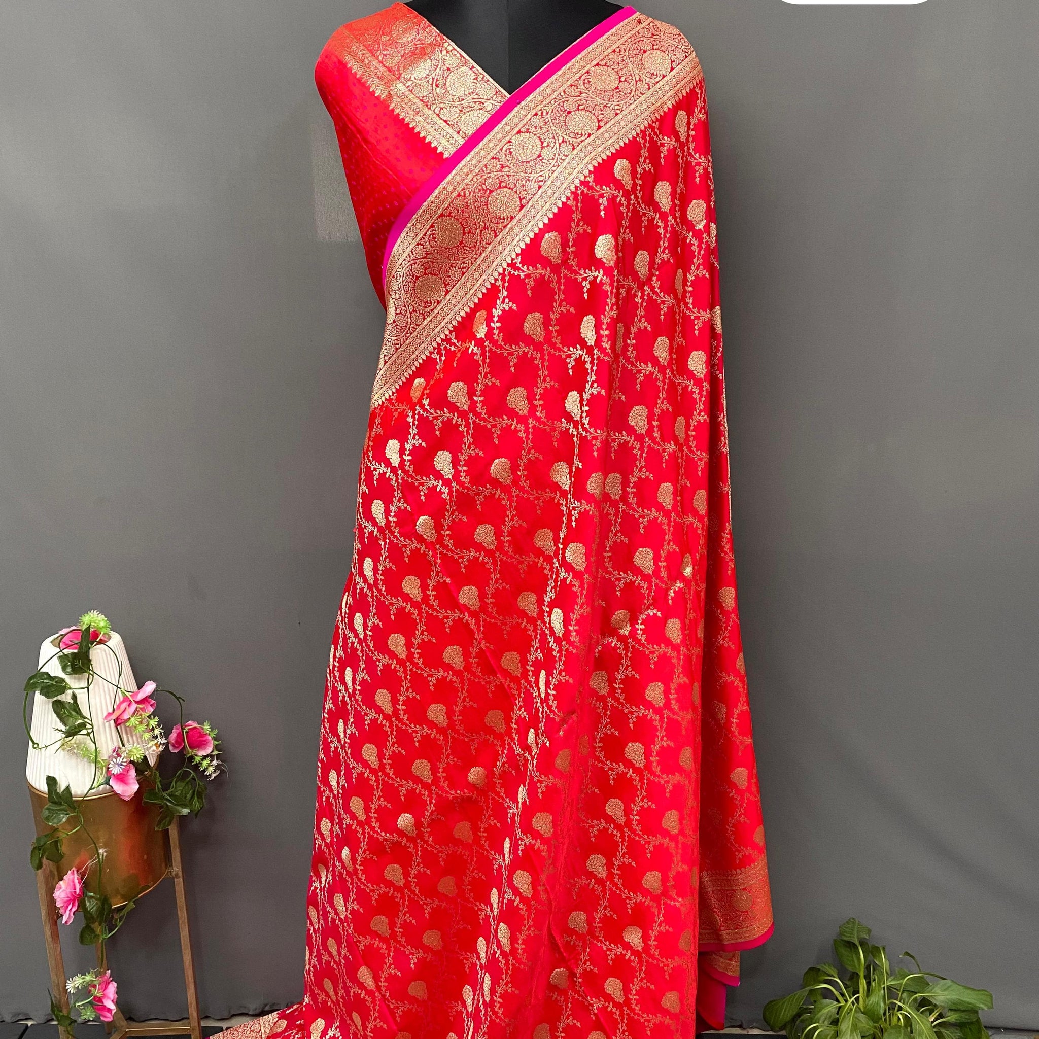 Pink Pure Banarasi Mushro Satin Silk Saree