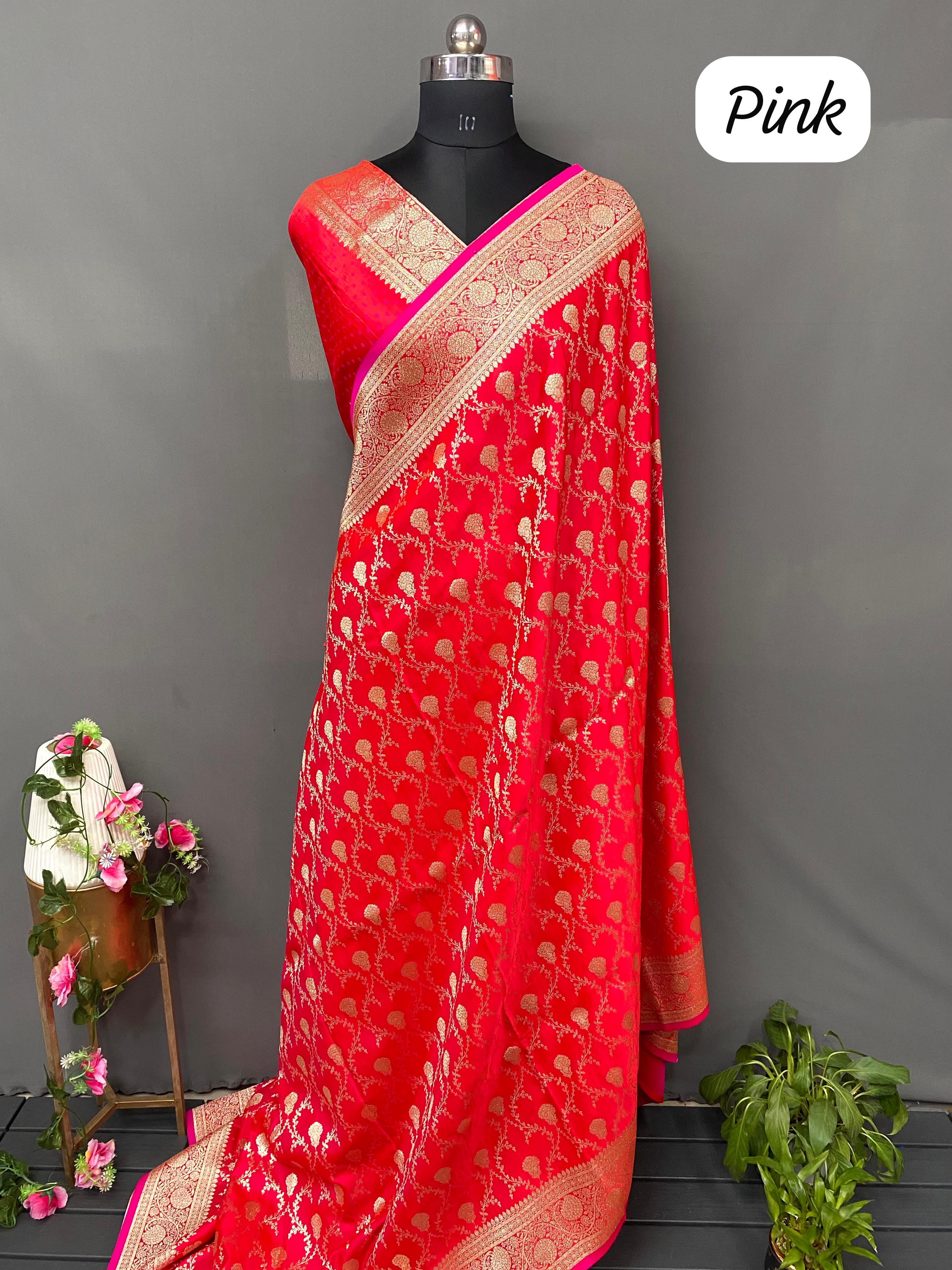Pink Pure Banarasi Mushro Satin Silk Saree Banarasi Saree Anant Tex Exports Pvt.Ltd..