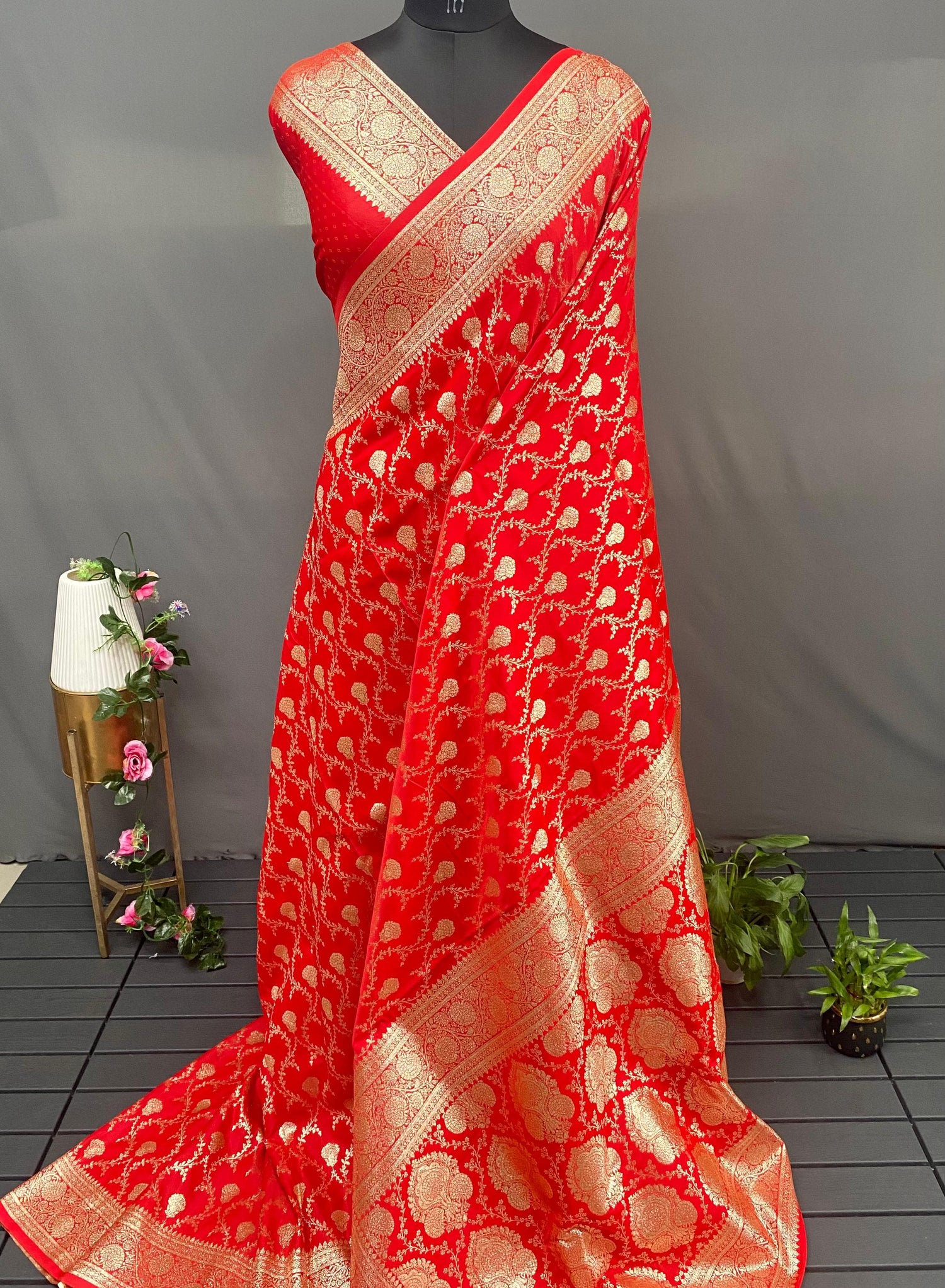 Red Pure Banarasi Mushro Satin Silk Saree Banarasi Saree Anant Tex Exports Pvt.Ltd..