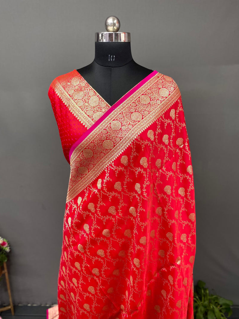 Pink Pure Banarasi Mushro Satin Silk Saree