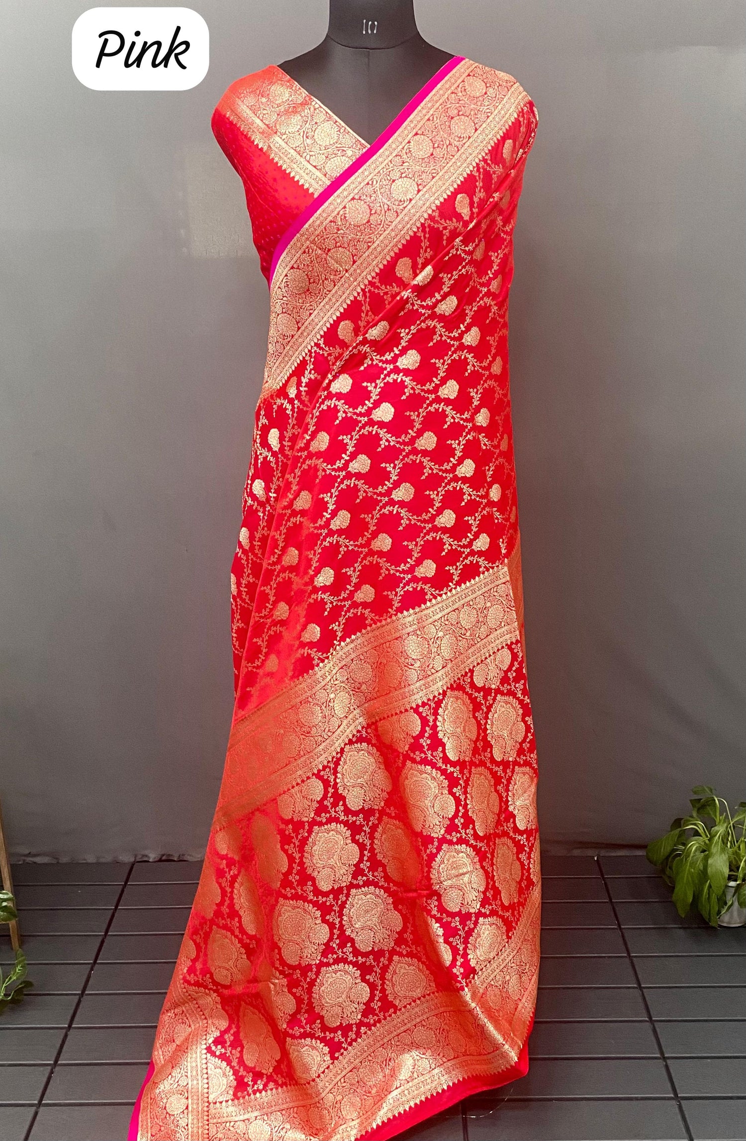 Pink Pure Banarasi Mushro Satin Silk Saree Banarasi Saree Anant Tex Exports Pvt.Ltd..