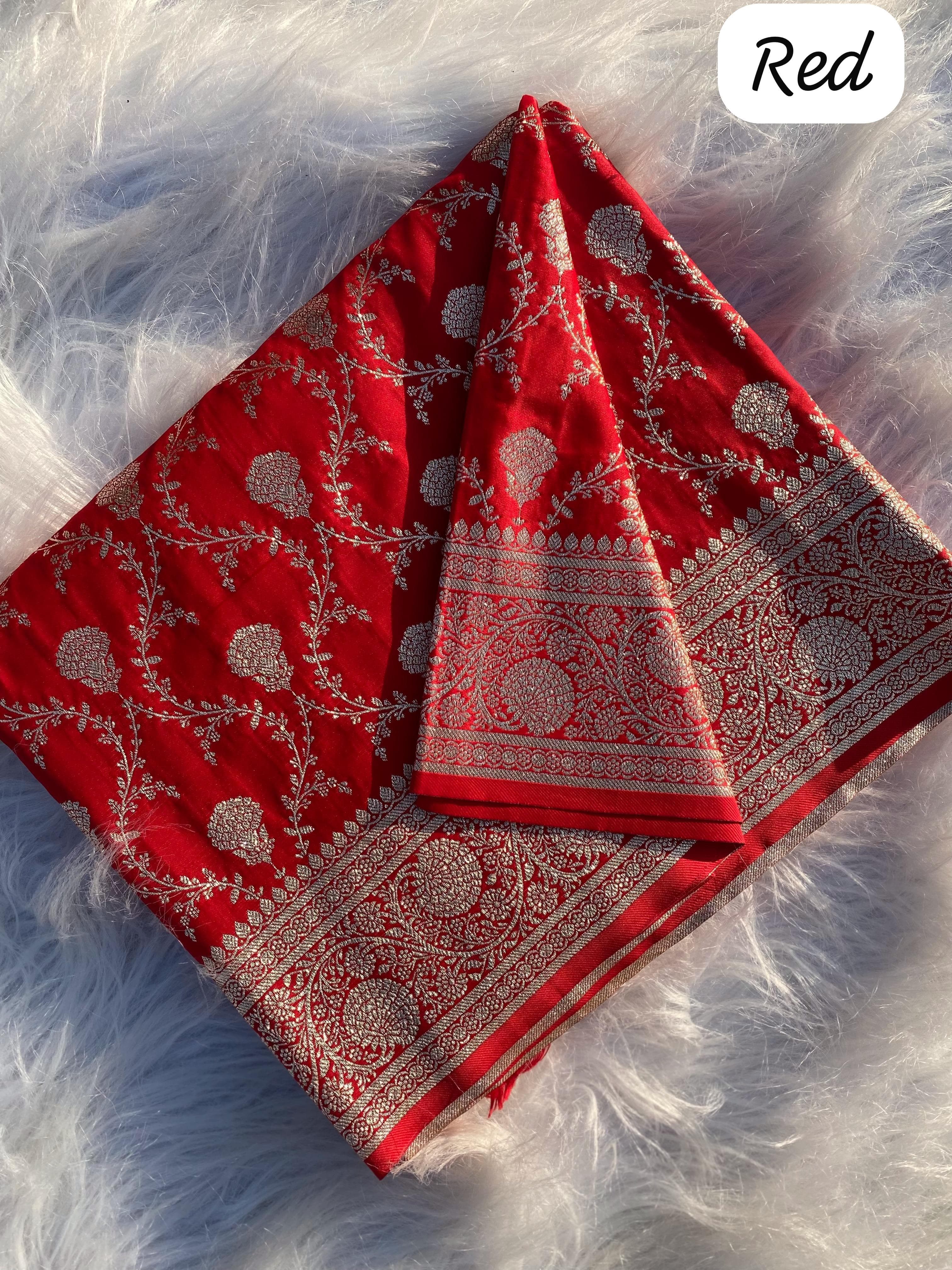 Red Pure Banarasi Mushro Satin Silk Saree Banarasi Saree Anant Tex Exports Pvt.Ltd..