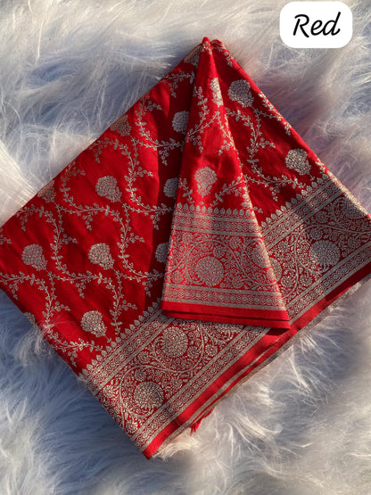 Red Pure Banarasi Mushro Satin Silk Saree Banarasi Saree Anant Tex Exports Pvt.Ltd..