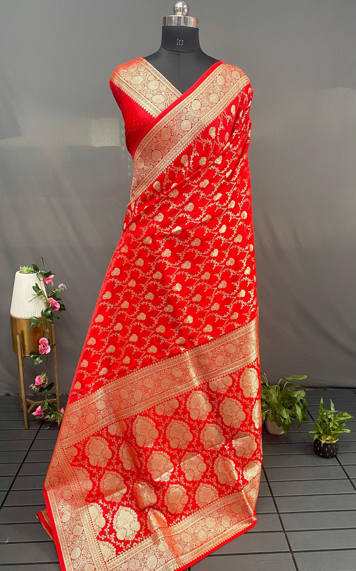 Red Pure Banarasi Mushro Satin Silk Saree Banarasi Saree Anant Tex Exports Pvt.Ltd..