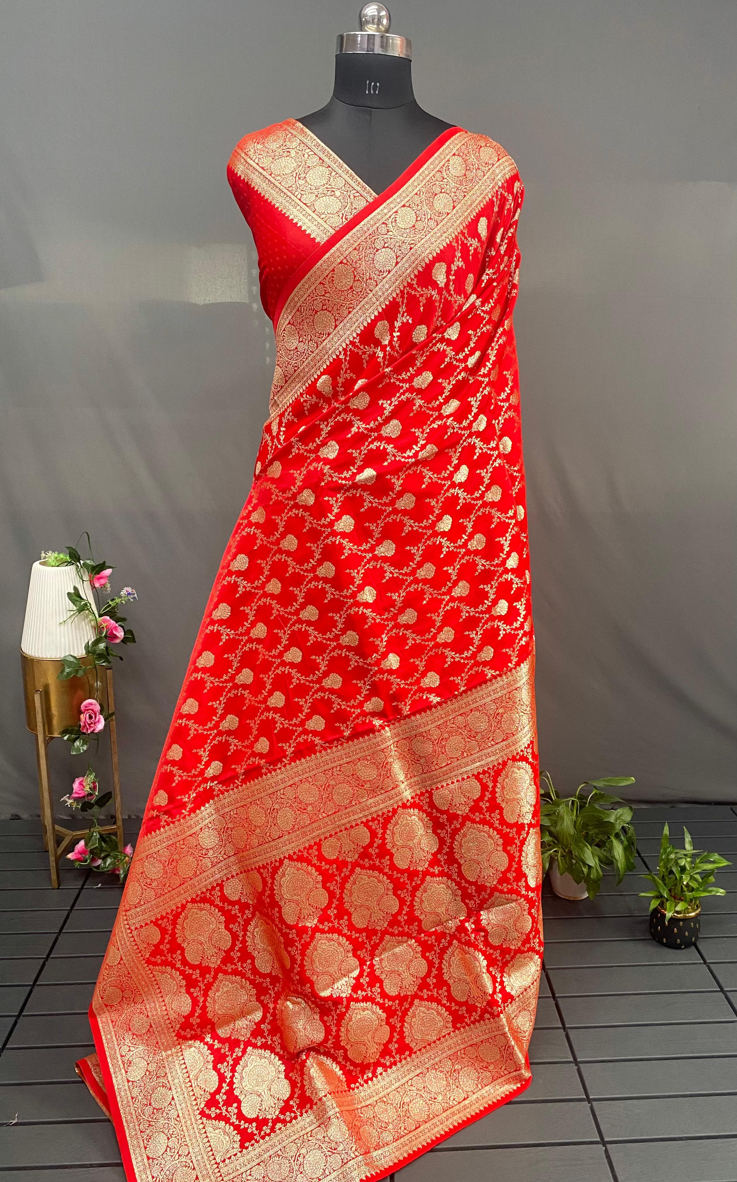 Red Pure Banarasi Mushro Satin Silk Saree Banarasi Saree Anant Tex Exports Pvt.Ltd..