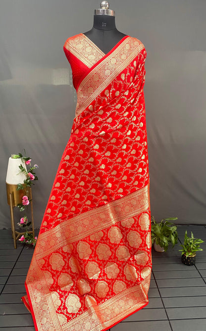 Red Pure Banarasi Mushro Satin Silk Saree Banarasi Saree Anant Tex Exports Pvt.Ltd..