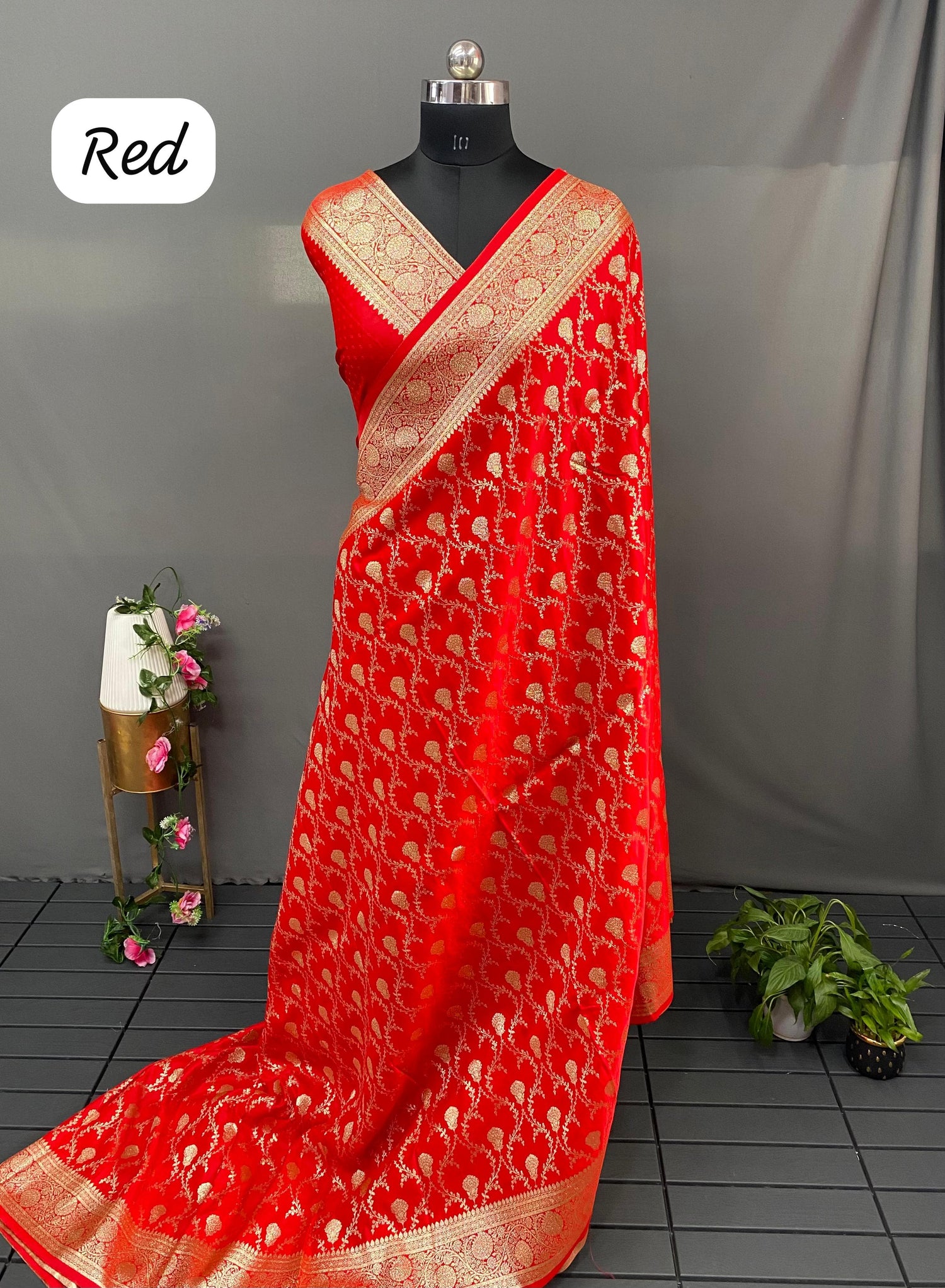 Red Pure Banarasi Mushro Satin Silk Saree Banarasi Saree Anant Tex Exports Pvt.Ltd..