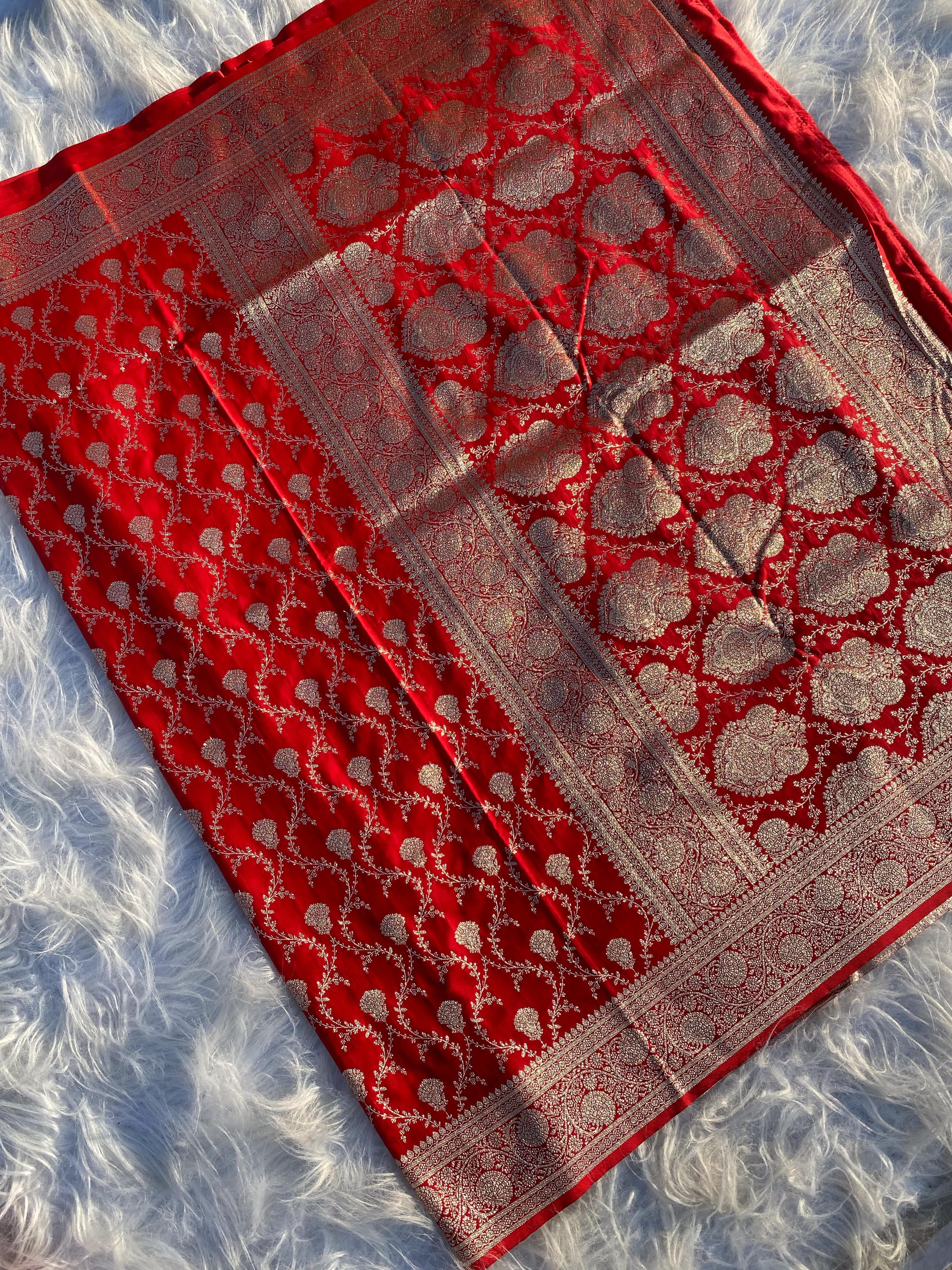 Red Pure Banarasi Mushro Satin Silk Saree Banarasi Saree Anant Tex Exports Pvt.Ltd..